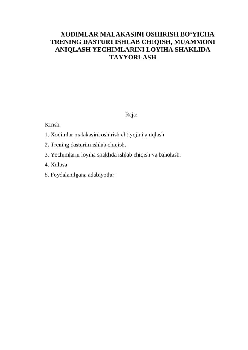 Xodimlar malakasini oshirish boʻyicha trening dasturi ishlab chiqish 1