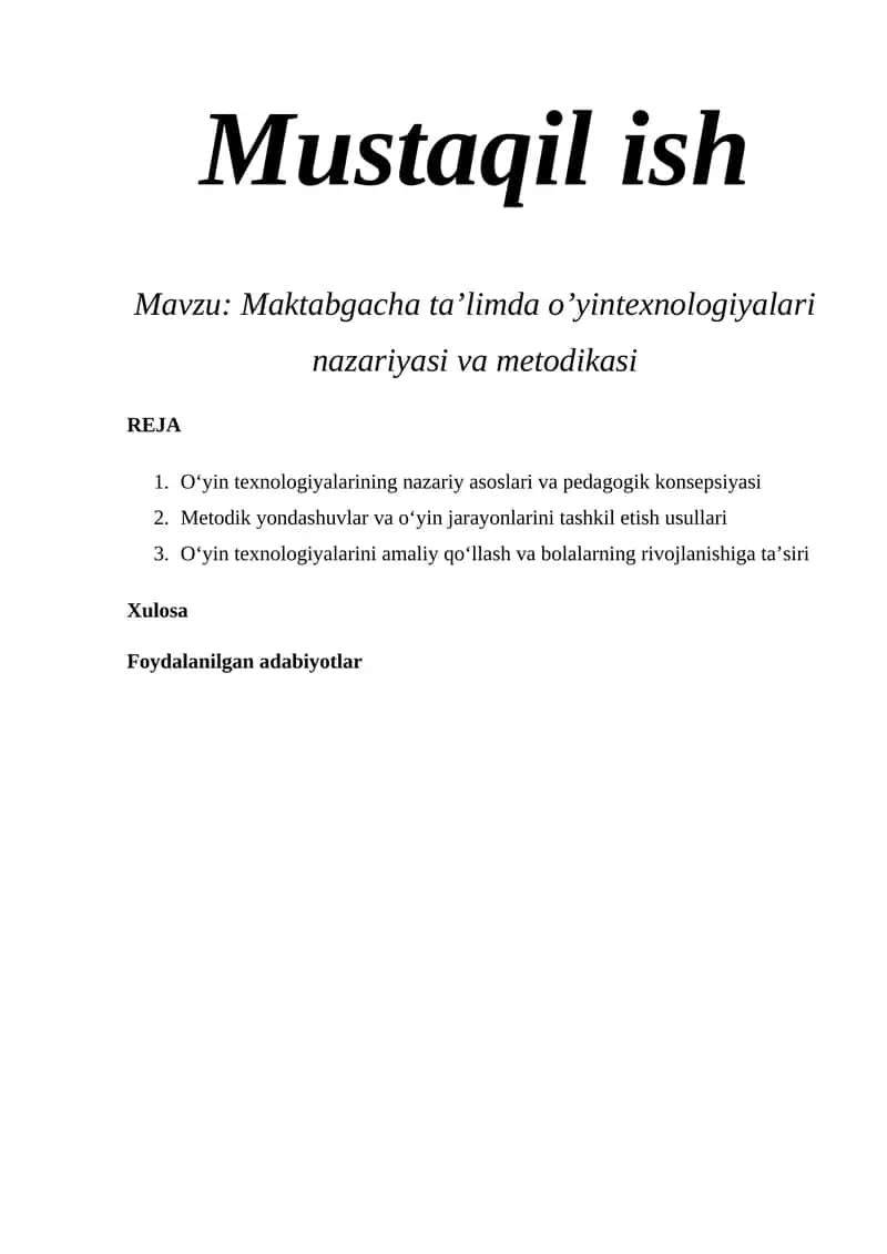 Maktabgacha ta’limda o’yintexnologiyalari nazariyasi va metodikasi 1