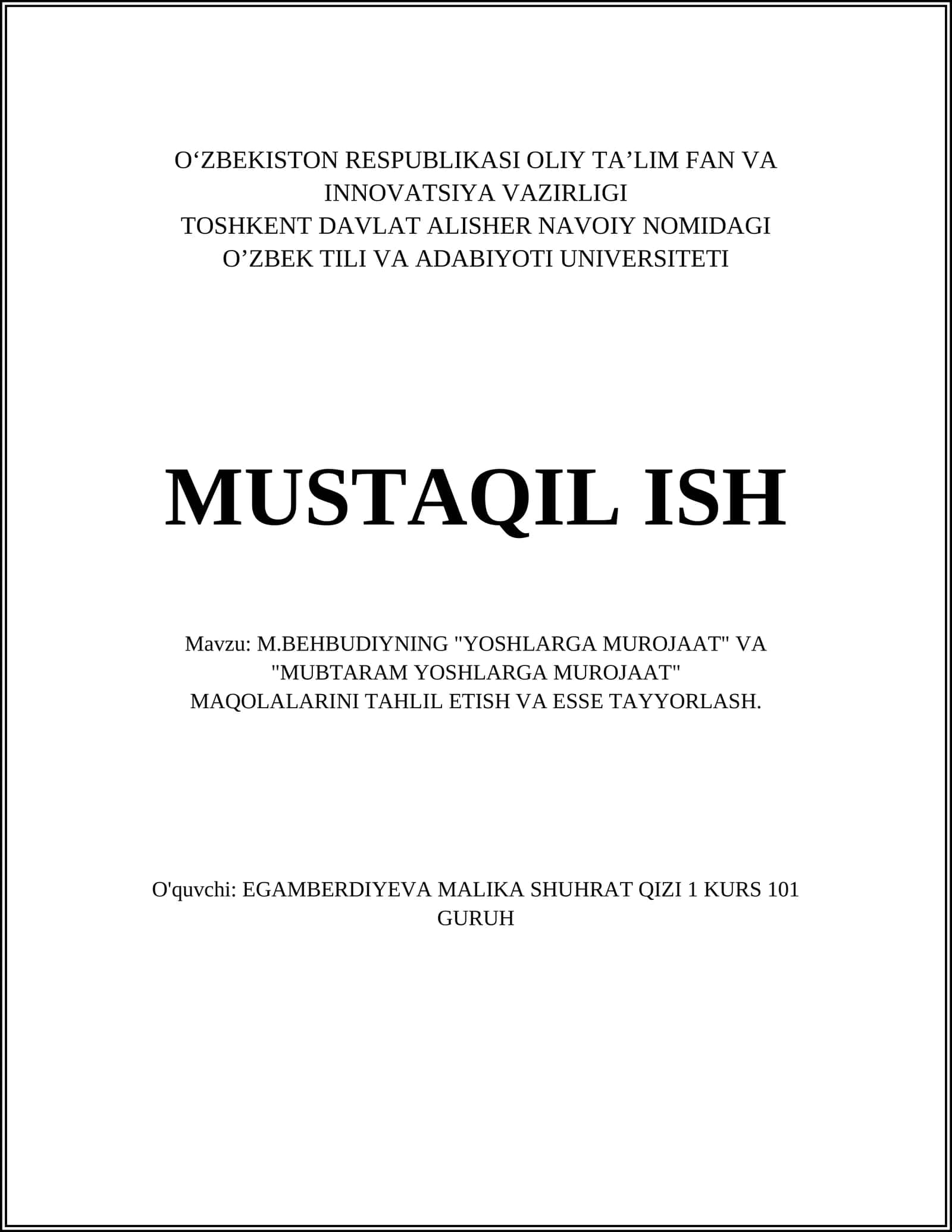 M.BEHBUDIYNING "YOSHLARGA MUROJAAT" VA "MUBTARAM YOSHLARGA MUROJAAT" MAQOLALARINI TAHLIL ETISH VA ESSE TAYYORLASH 1