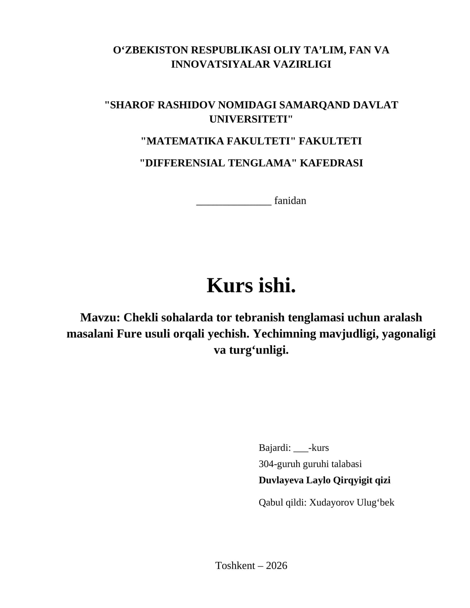 Chekli sohalarda tor tebranish tenglamasi uchun aralash masalani Fure usuli orqali yechish. Yechimning mavjudligi, yagonaligi va turg‘unligi. 1