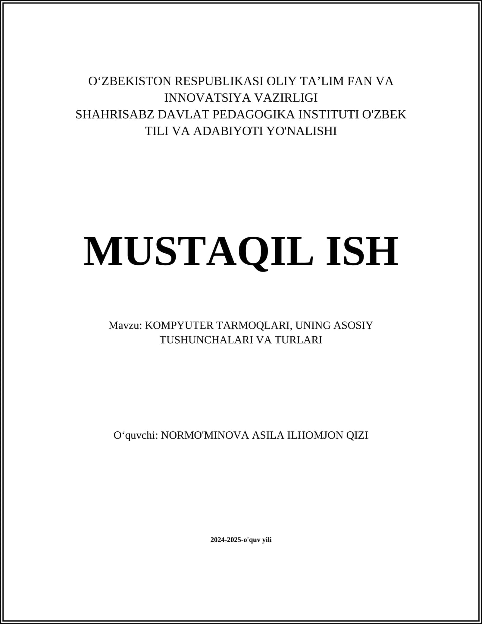 KOMPYUTER TARMOQLARI, UNING ASOSIY TUSHUNCHALARI VA TURLARI 1