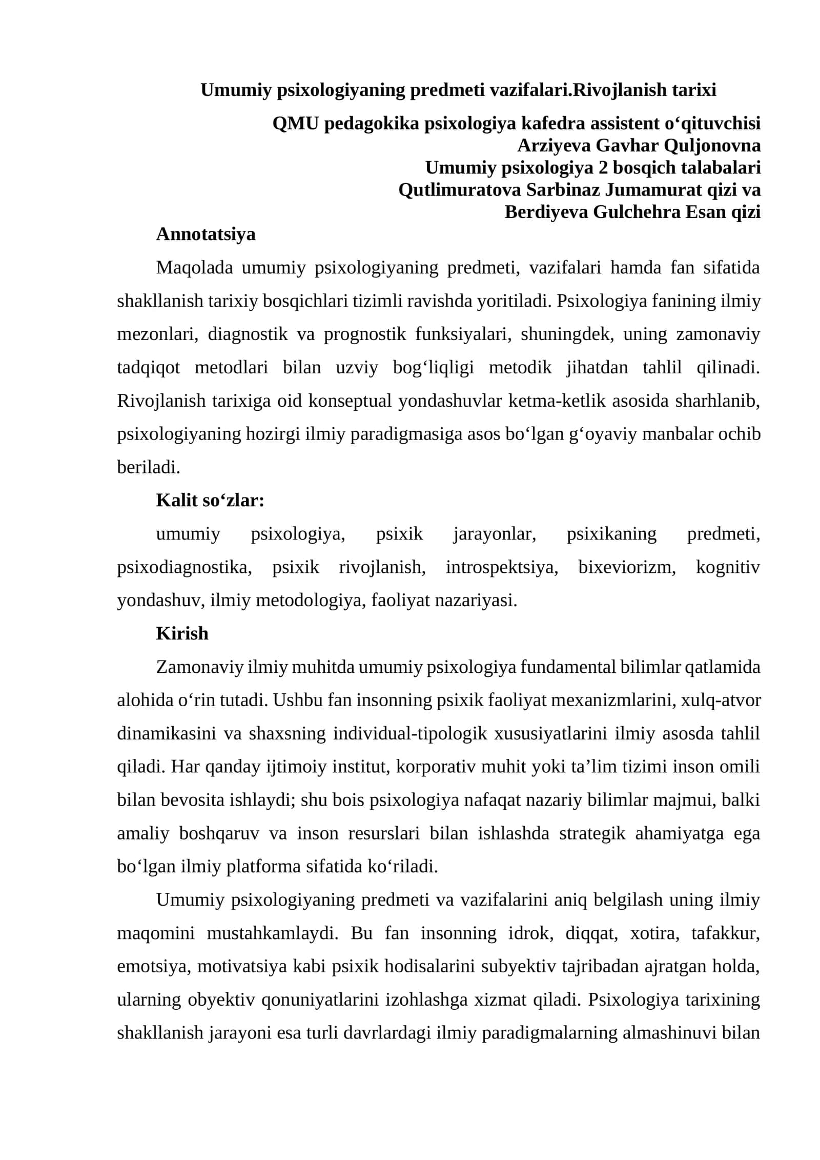 Umumiy psixologiyaning predmeti vazifalari.Rivojlanish tarixi 1