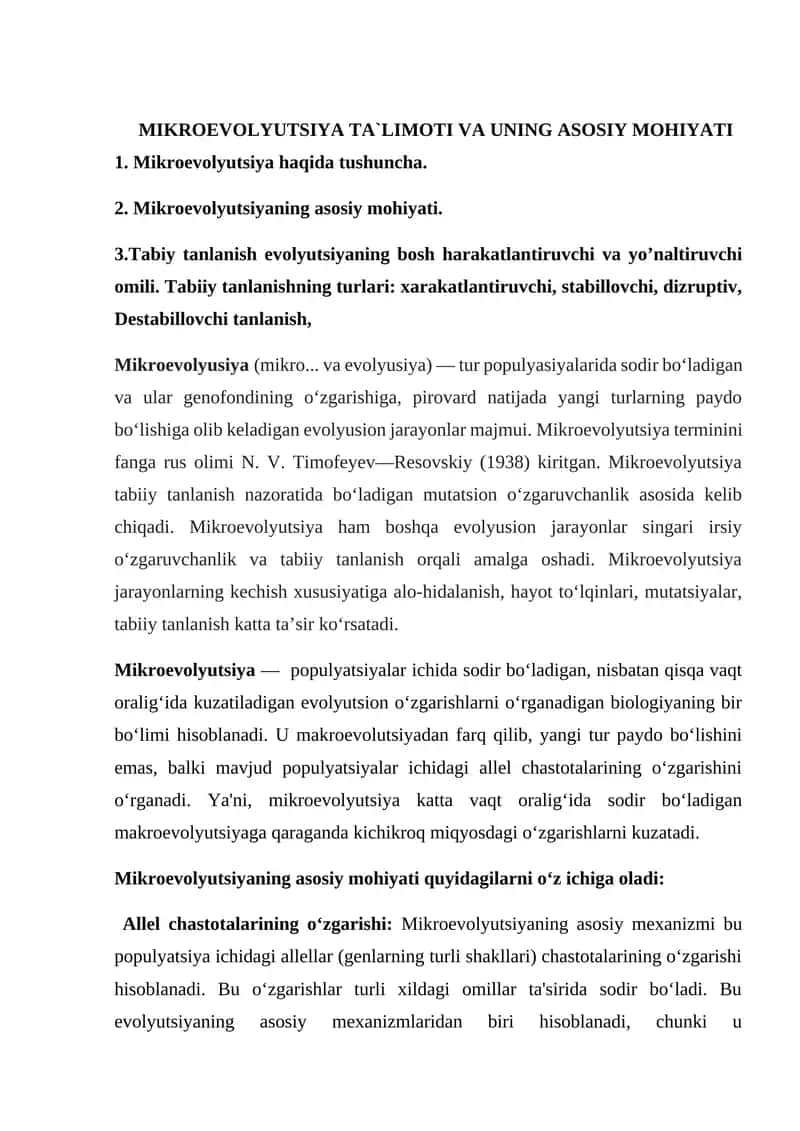 MIKROEVOLYUTSIYA TA`LIMOTI VA UNING ASOSIY MOHIYATI 1
