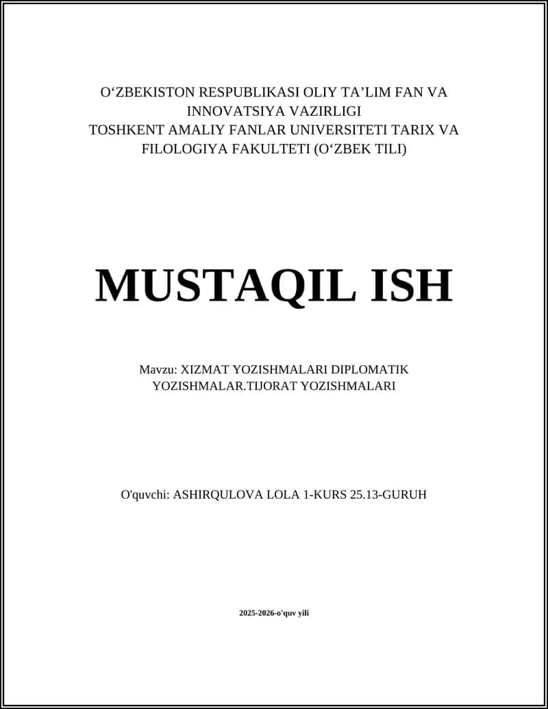XIZMAT YOZISHMALARI DIPLOMATIK YOZISHMALAR.TIJORAT YOZISHMALARI 1