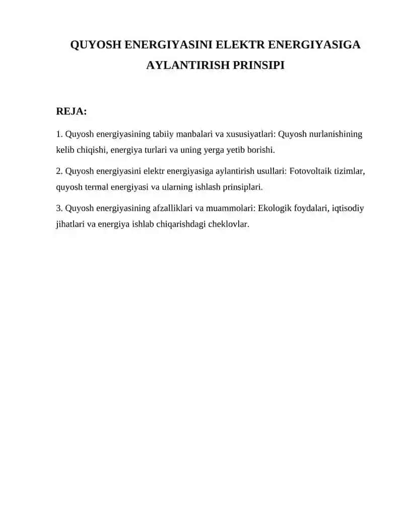 Quyosh energiyasini elektr energiyasiga aylantirish prinsi