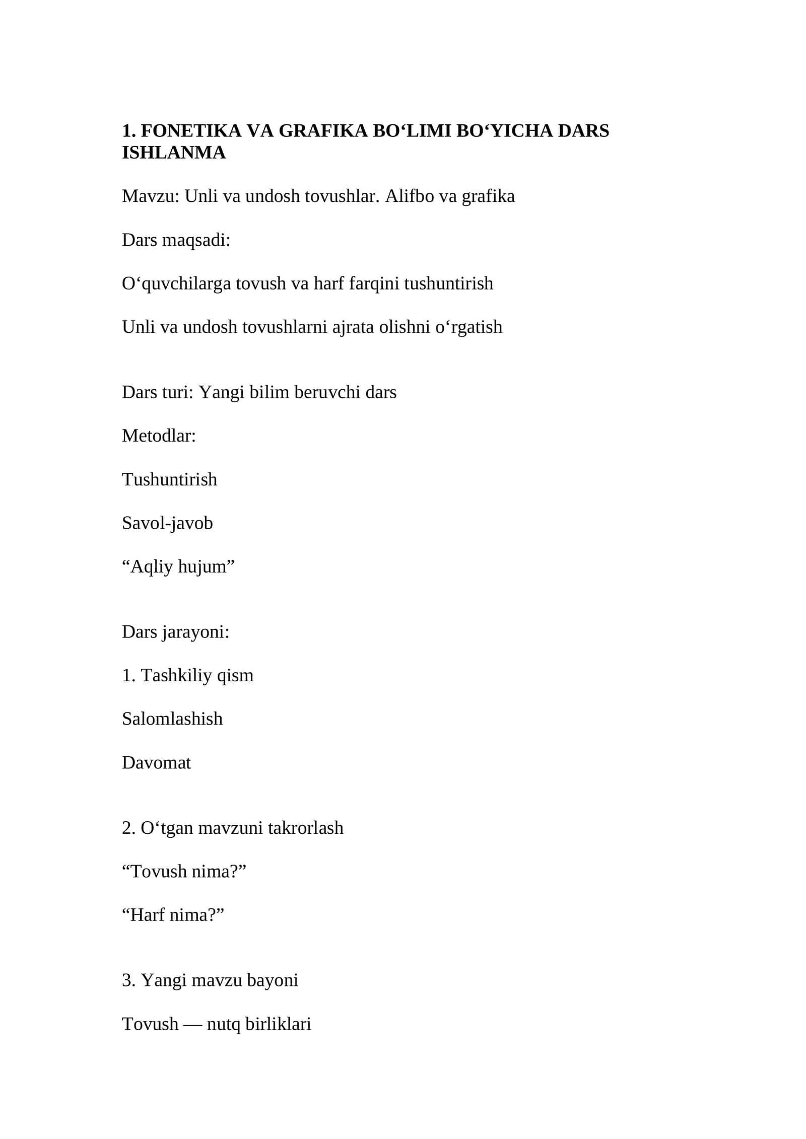 FONETIKA VA GRAFIKA BO‘LIMI BO‘YICHA DARS ISHLANMA 1
