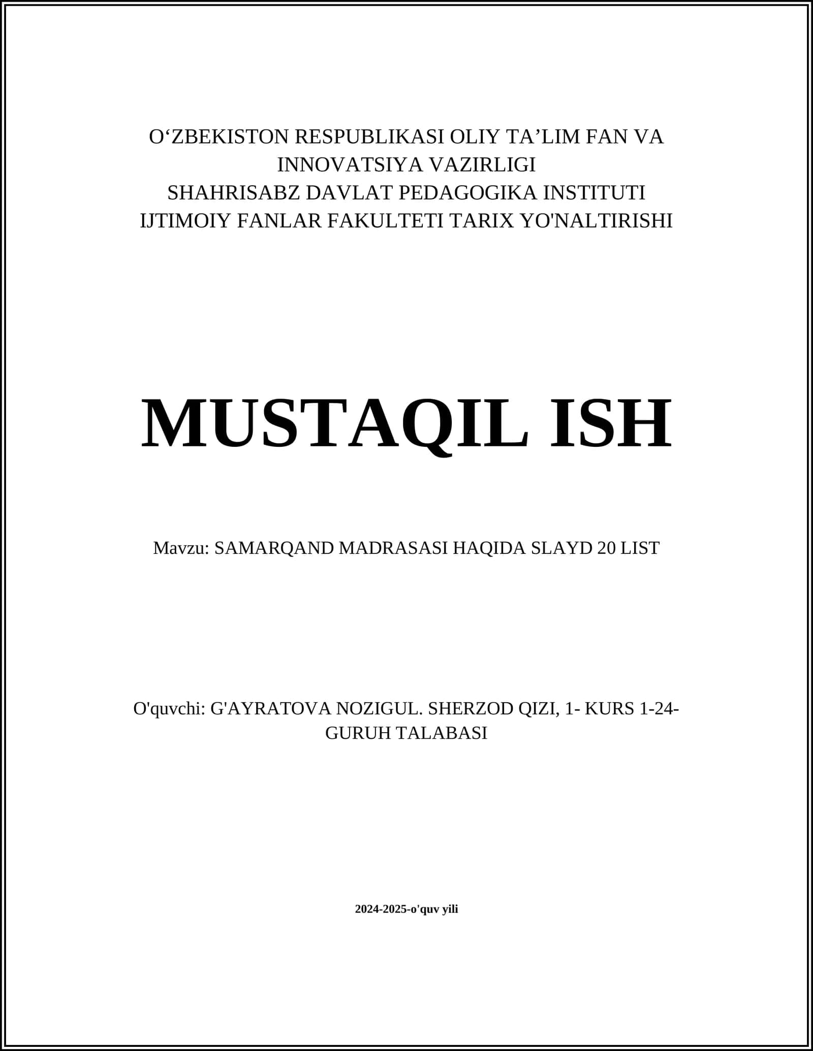 SAMARQAND MADRASASI HAQIDA SLAYD 20 LIST 1