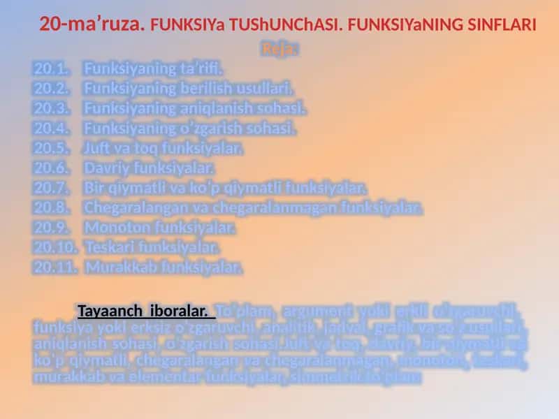 Oliy matematika: funksiya tushunchasi va funksiyalar sinflari (slayd) 1