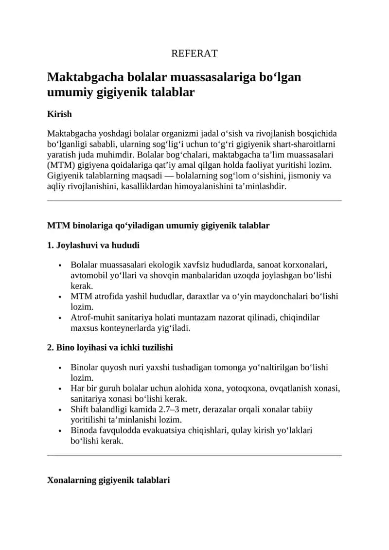 Maktabgacha bolalar muassasalariga bo‘lgan umumiy gigiyenik talablar 1