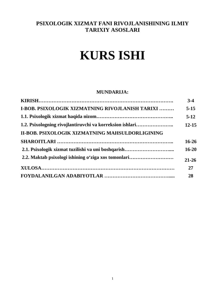 PSIXOLOGIK XIZMAT FANI RIVOJLANISHINING ILMIY TARIXIY ASOSLARI KURS ISHI 1