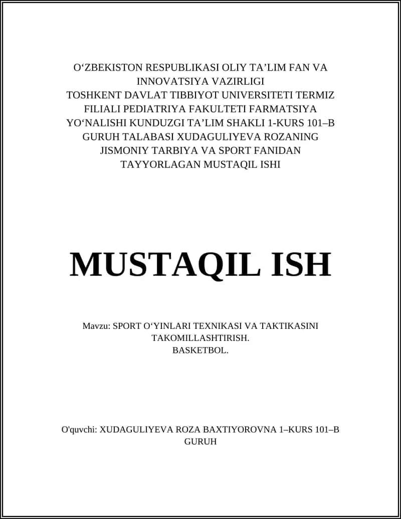 SPORT OʻYINLARI TEXNIKASI VA TAKTIKASINI TAKOMILLASHTIRISH (Basketbol) 1