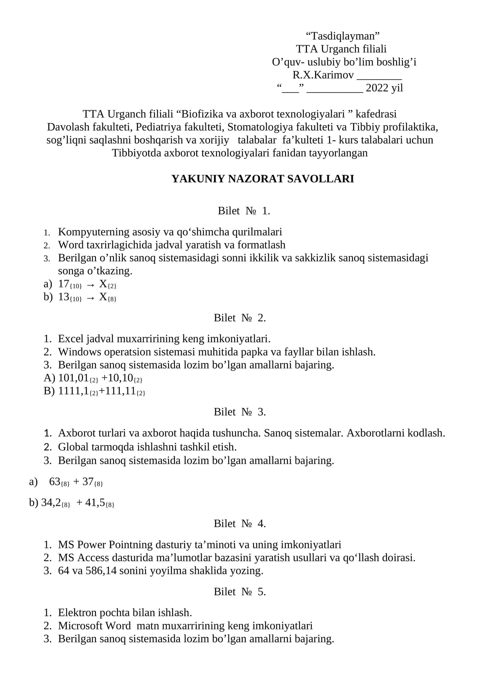 Tibbiyotda axborot texnologiyalari fanidan tayyorlangan YAKUNIY NAZORAT SAVOLLARI 1