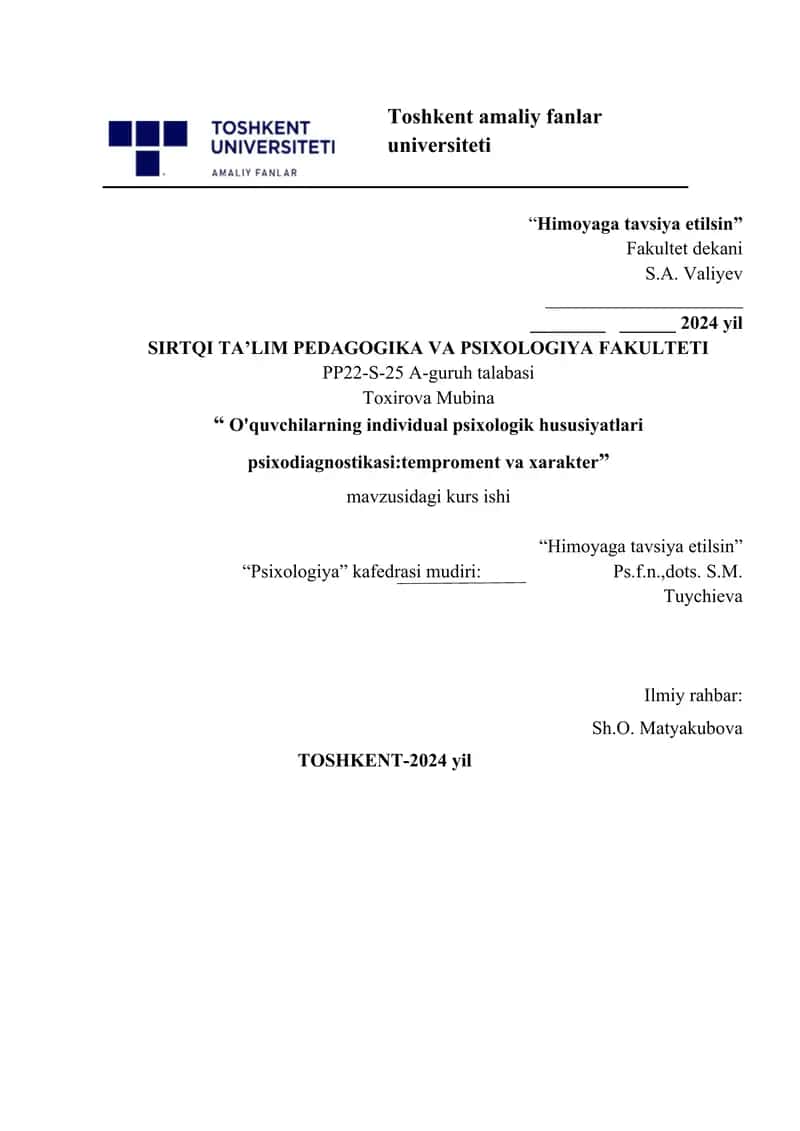 O'quvcho'quvchilarning individual psixologik xususiyatlari psixodiagnostikasi tem va xarakter. 1