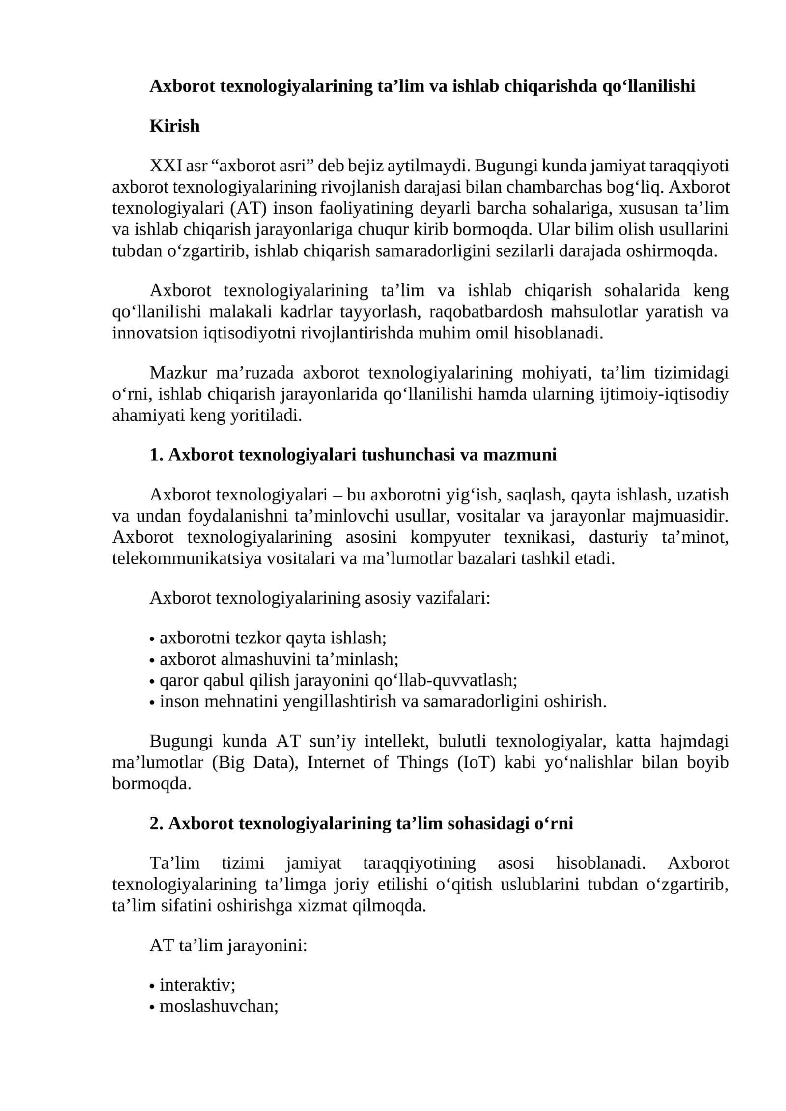 Axborot texnologiyalarining ta’lim va ishlab chiqarishda qo‘llanilishi 1