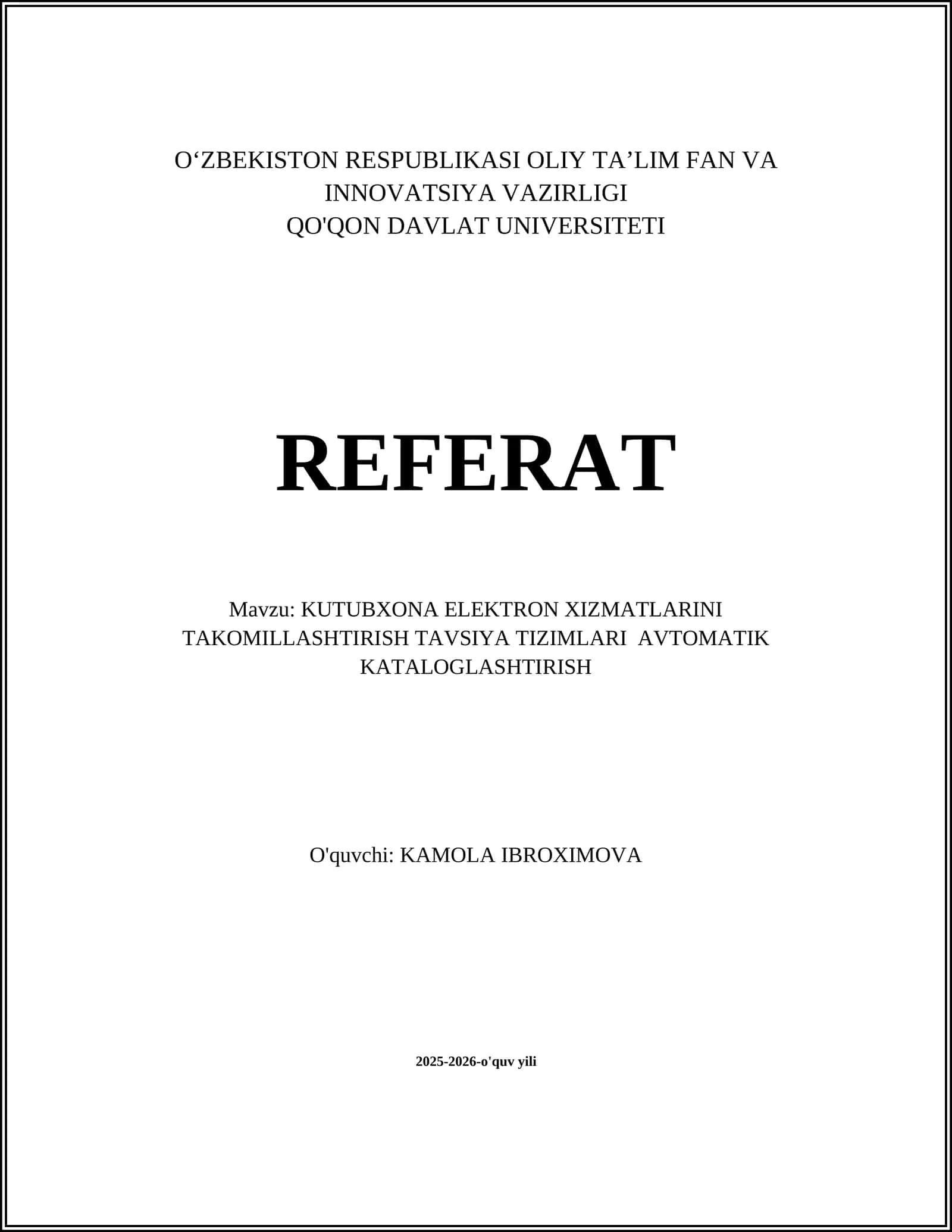 KUTUBXONA ELEKTRON XIZMATLARINI TAKOMILLASHTIRISH TAVSIYA TIZIMLARI AVTOMATIK KATALOGLASHTIRISH 1