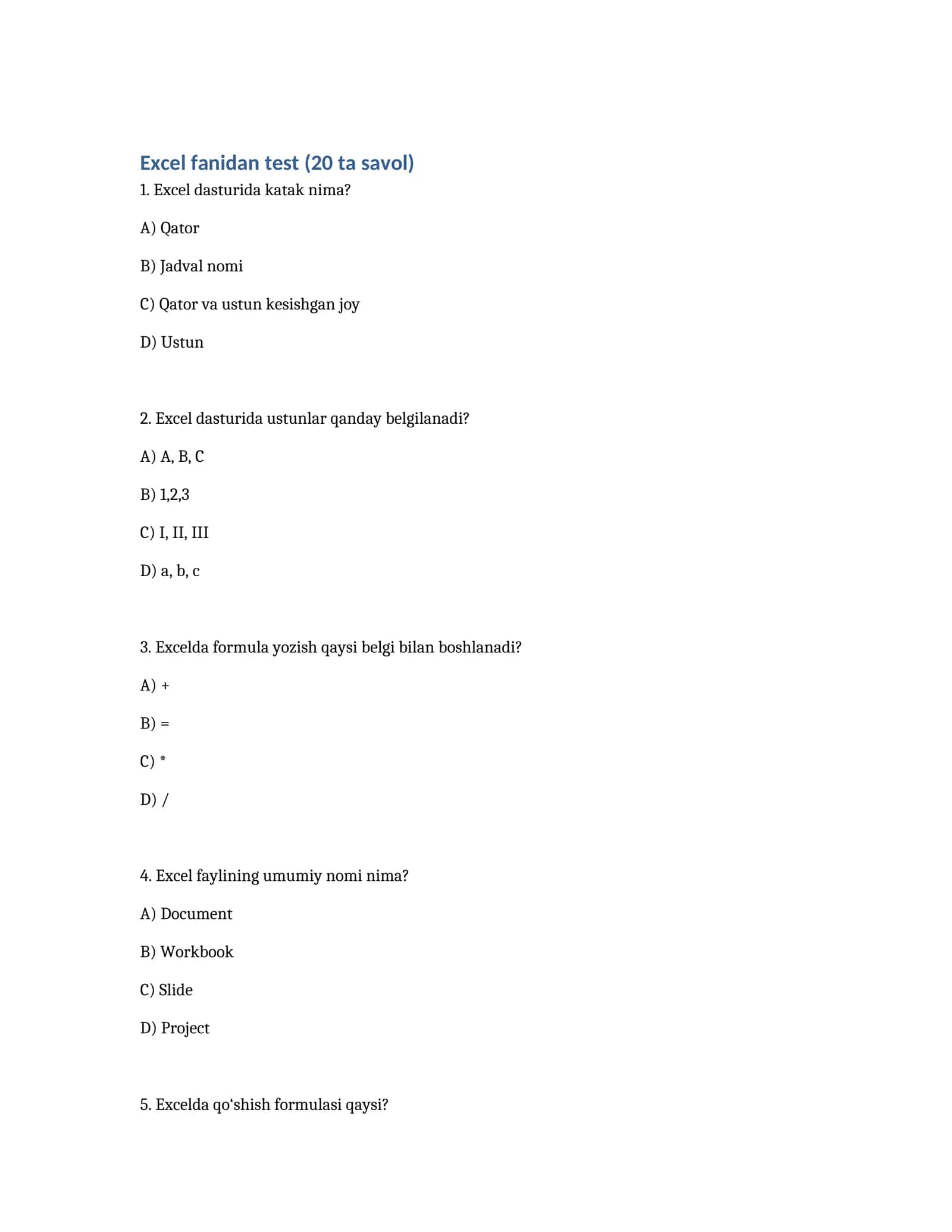 Excel fanidan test (20 ta savol) 1