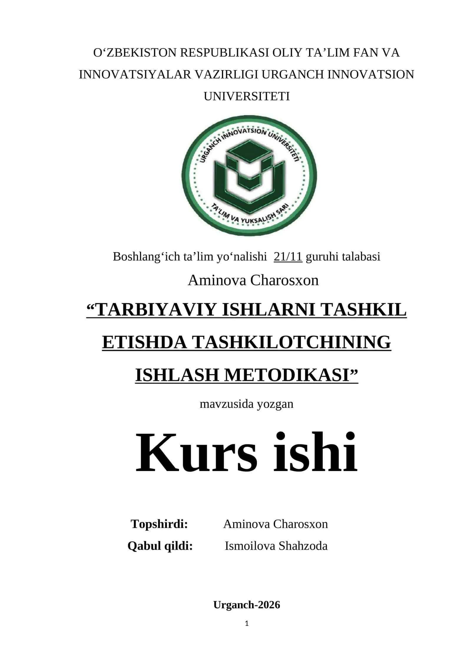 TARBIYAVIY ISHLARNI TASHKIL ETISHDA TASHKILOTCHINING ISHLASH METODIKASI 1