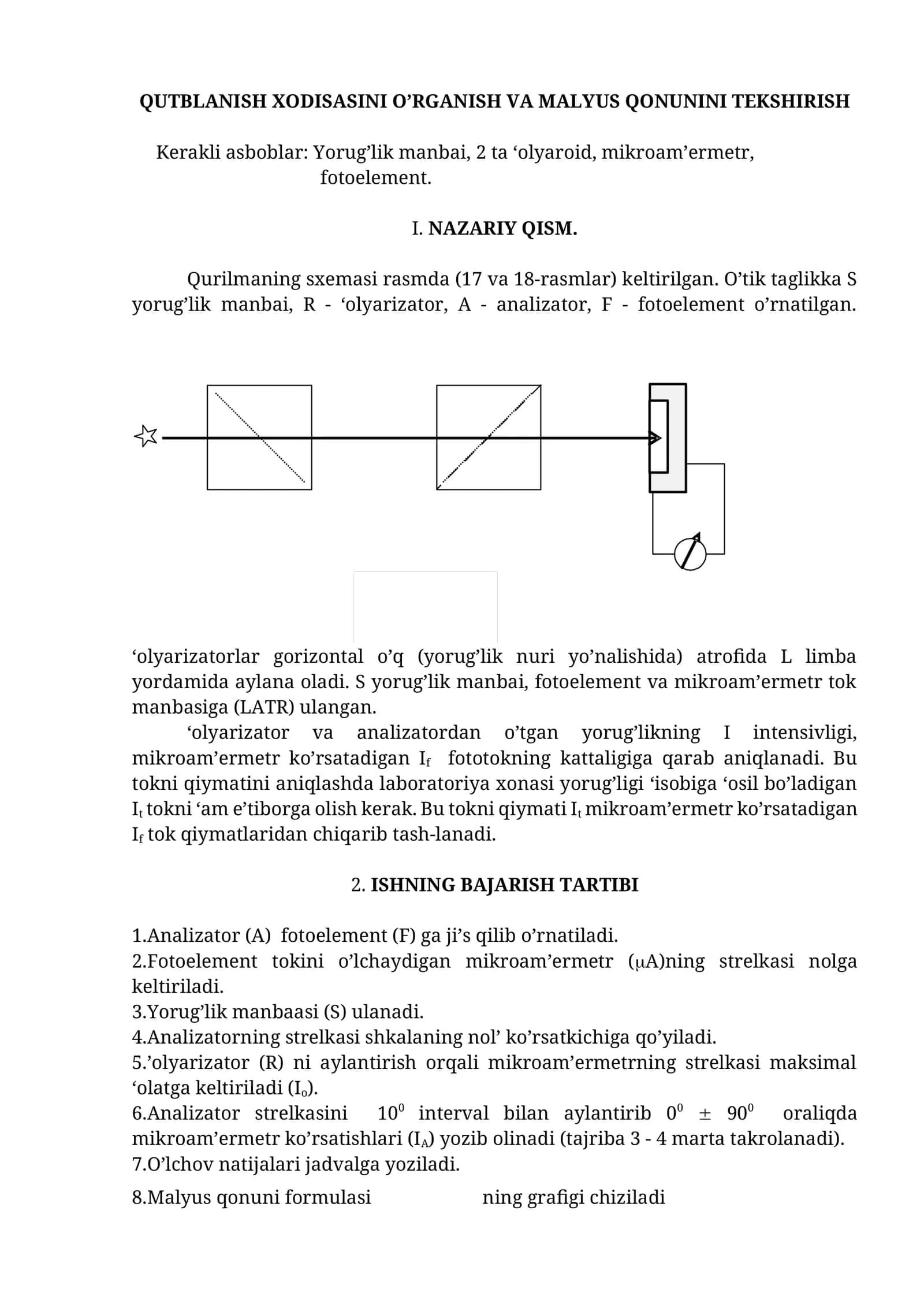 QUTBLANISH XODISASINI O’RGANISH VA MALYUS QONUNINI TEKSHIRISH 1