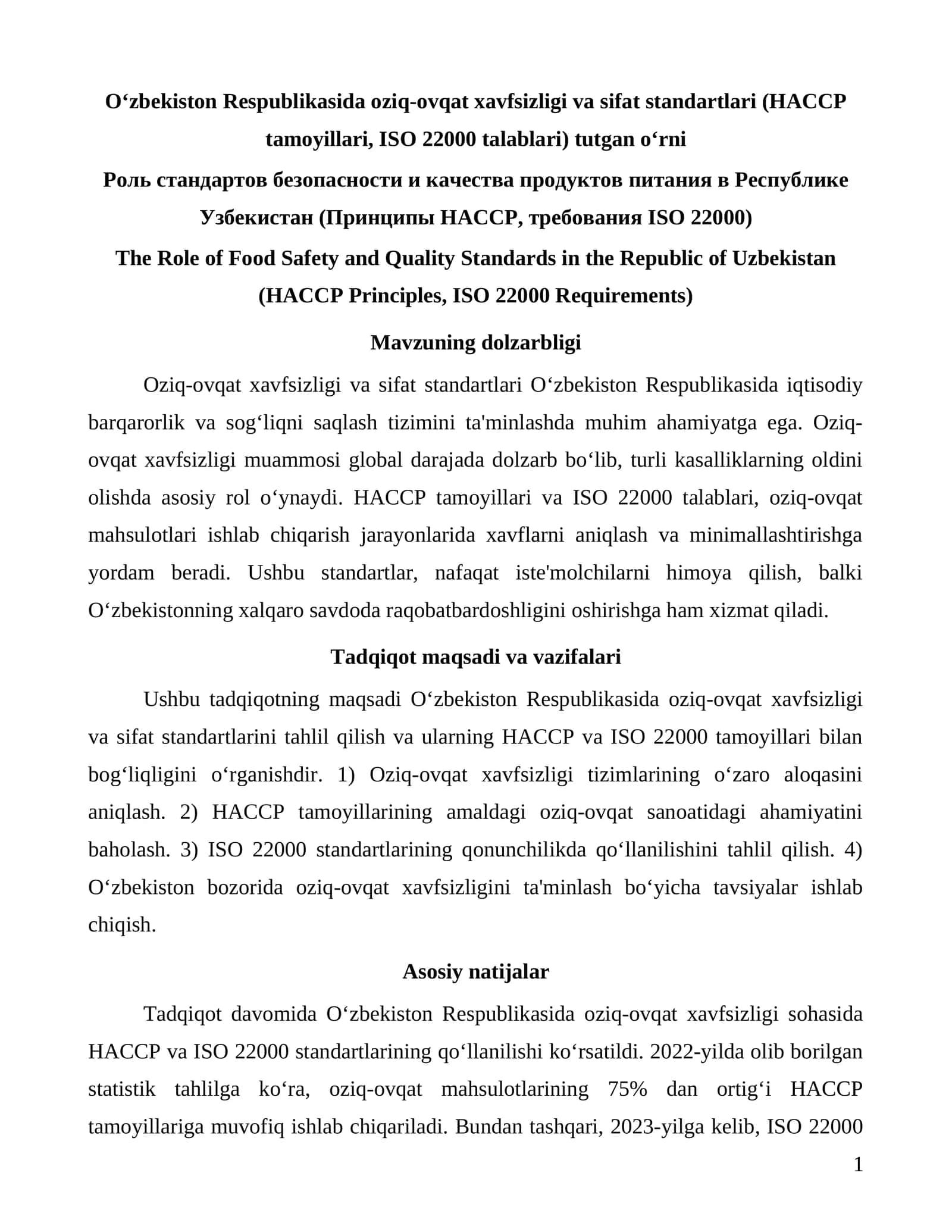 O‘zbekiston Respublikasida oziq-ovqat xavfsizligi va sifat standartlari (HACCP tamoyillari, ISO 22000 talablari) tutgan o‘rni 1