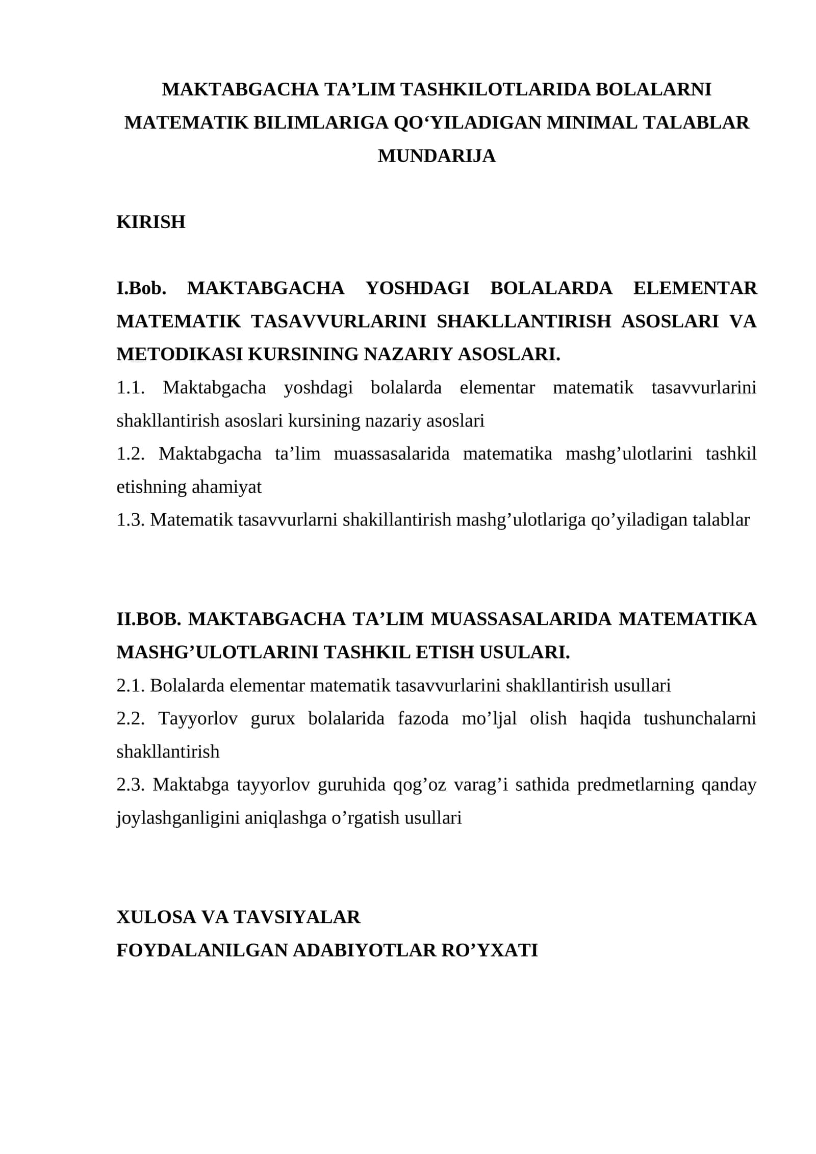 MAKTABGACHA TAʼLIM TASHKILOTLARIDA BOLALARNI MATEMATIK BILIMLARIGA QOʻYILADIGAN MINIMAL TALABLAR 1