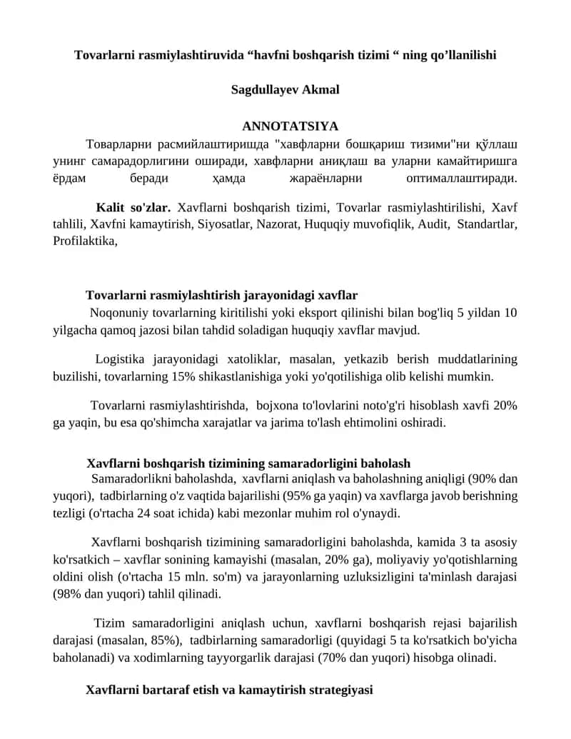 Tovarlarni rasmiylashtiruvida “havfni boshqarish tizimi “ ning qo’llanilishi 1