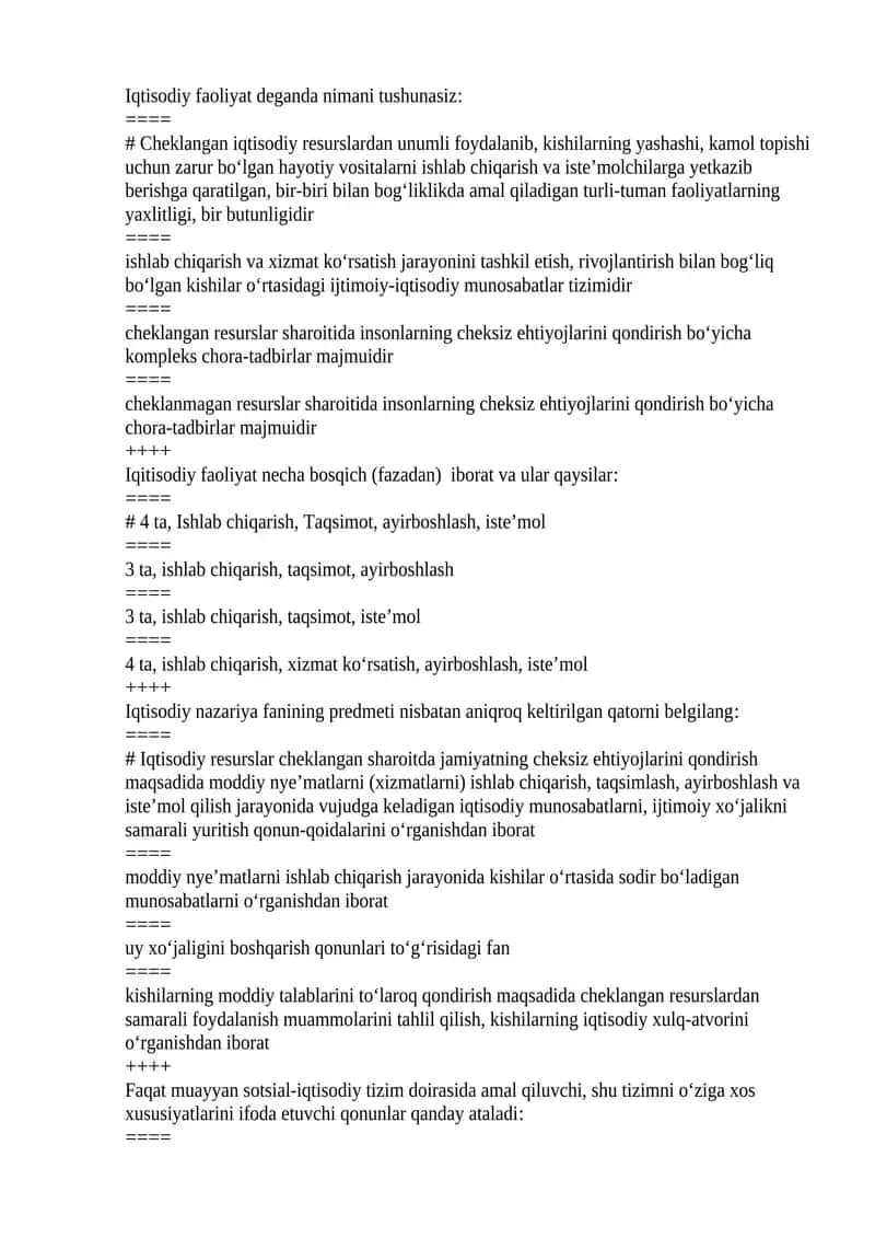 Iqtisodiyot test savollari yakuniy 1