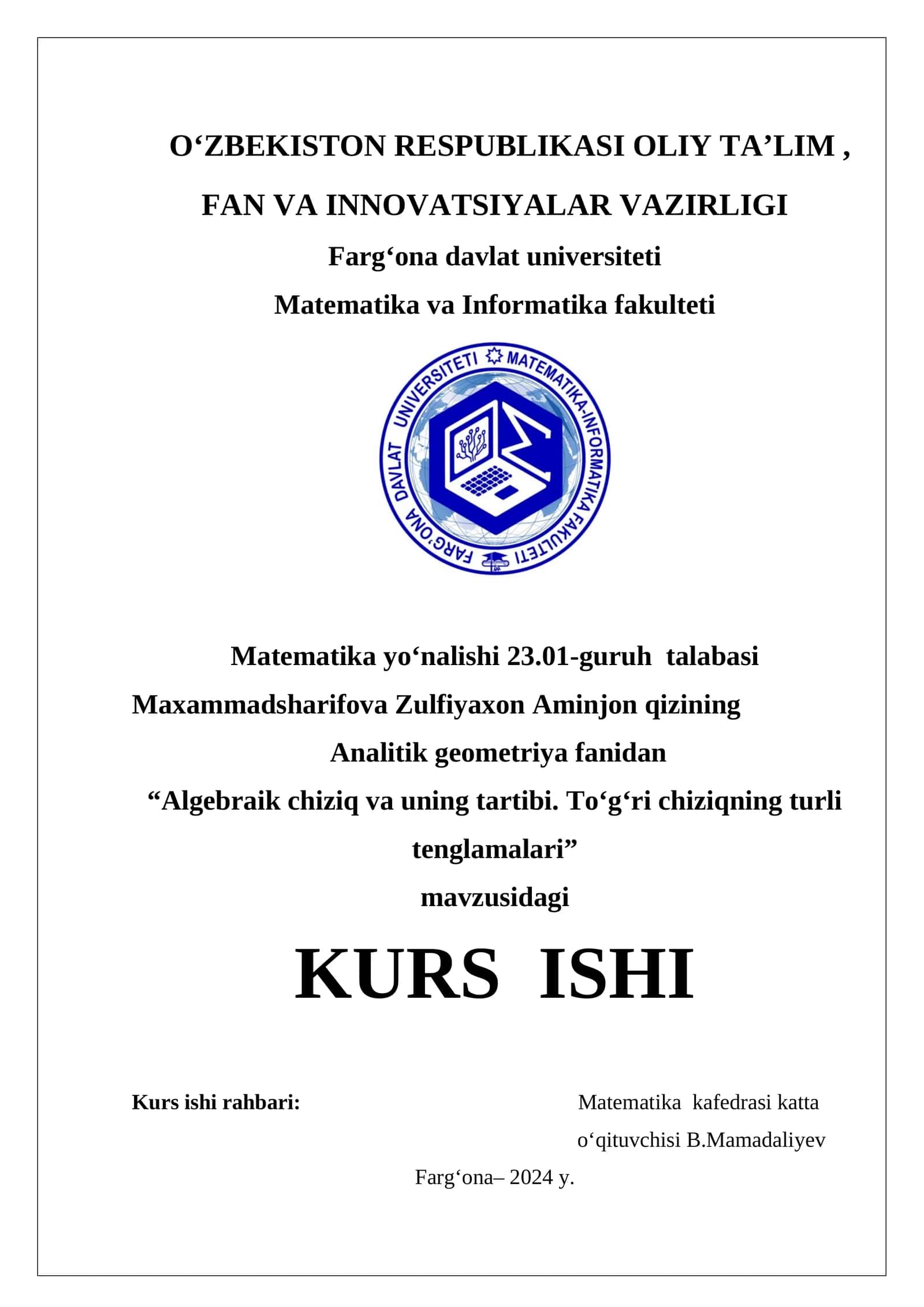 Algebraik chiziq va uning tartibi. To'g'ri chiziqning turli tenglamalari 1