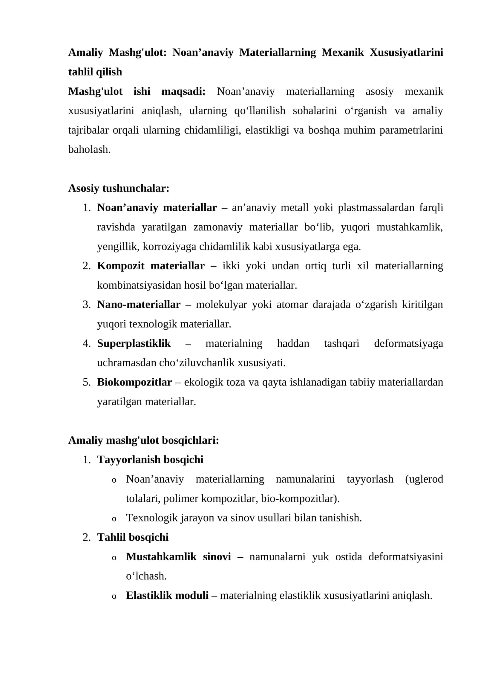 Amaliy Mashg'ulot: Noan’anaviy Materiallarning Mexanik Xususiyatlarini tahlil qilish 1