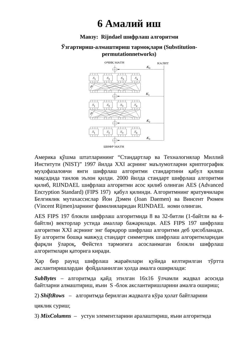 RIJNDAEL шифрлаш алгоритми 1