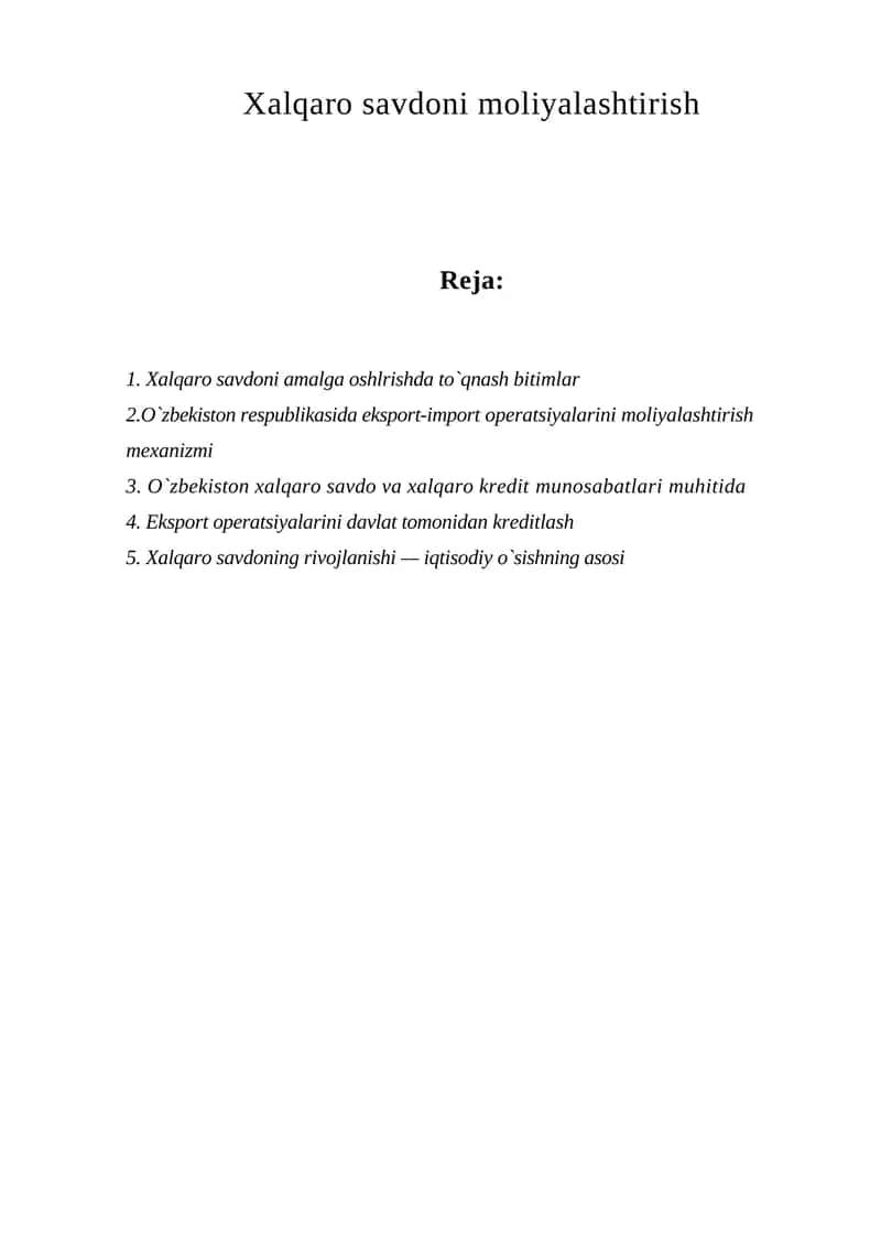 Xalqaro savdoni moliyalashtirish 1