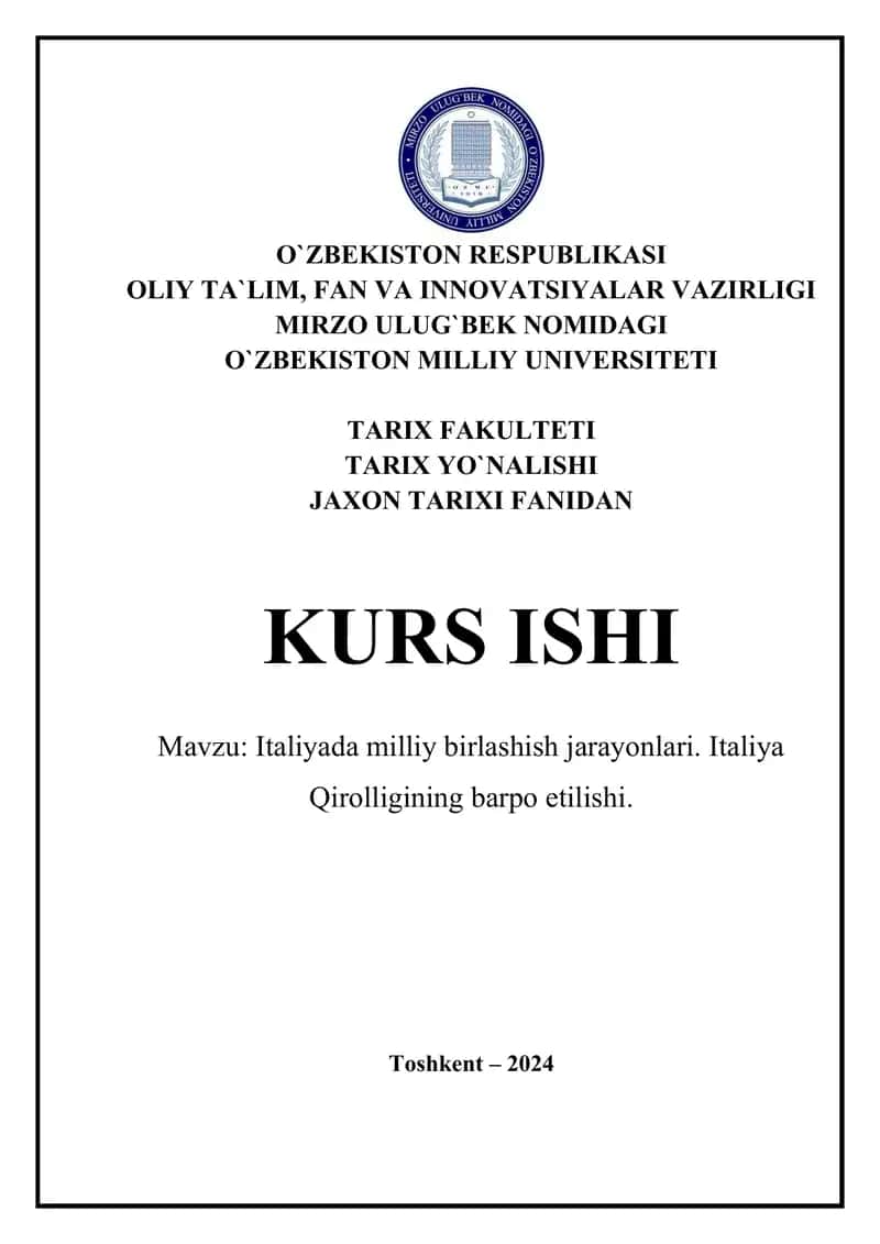 Italiyada milliy birlashish jarayonlari. Italiya Qirolligining barpo etilishi 1