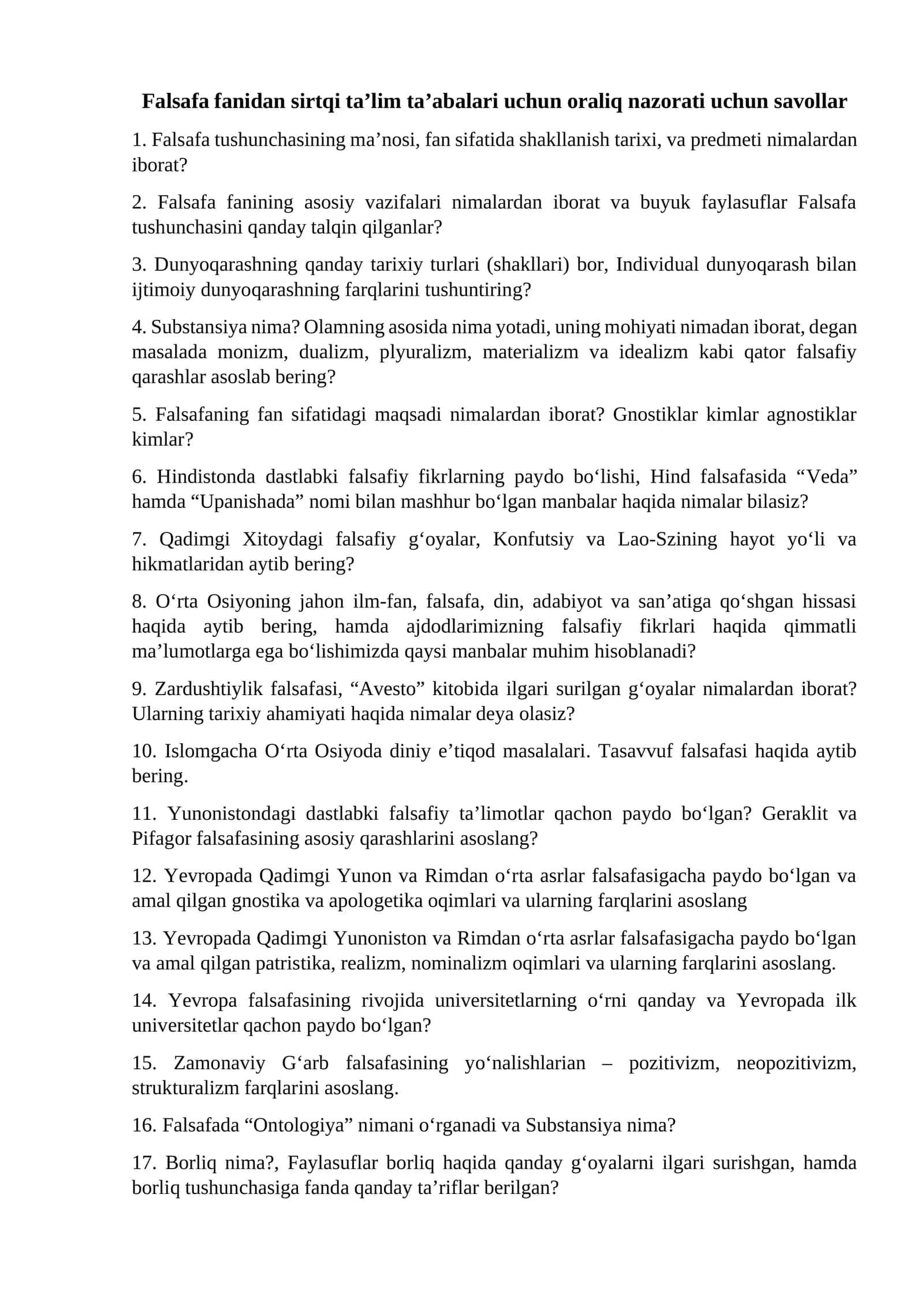 Falsafa fanidan sirtqi ta’lim ta’abalari uchun oraliq nazorati uchun savollar 1