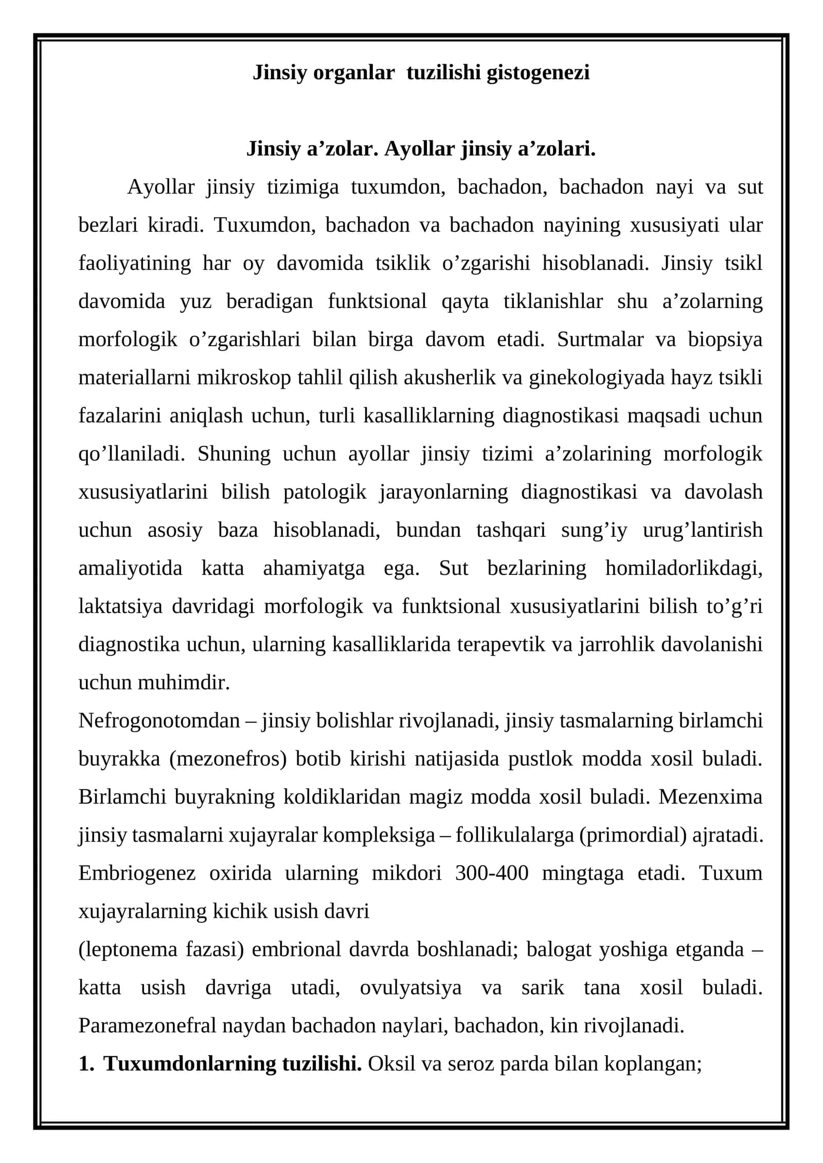 Jinsiy organlar tuzilishi gistogenezi 1