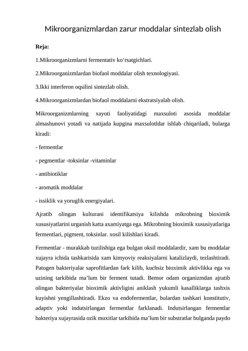 Mikroorganizmlardan zarur moddalar sintezlab olish 1