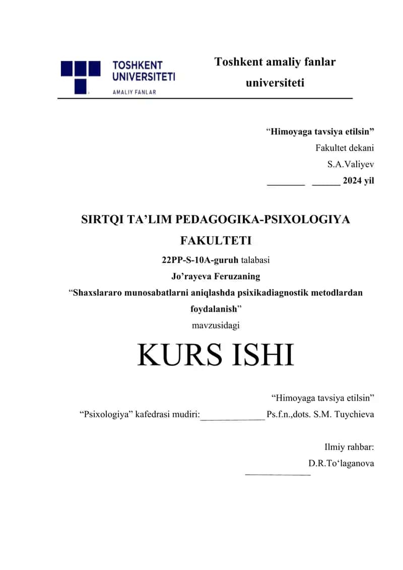 Shaxslararo munosabatlarni aniqlashda psixikadiagnostik metodlardan foydalanish. 1