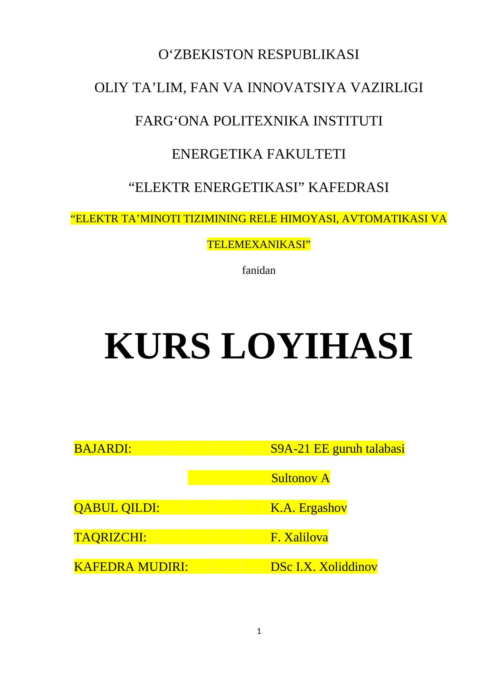Elektr Energetikasi Kafedrasi Kurs Loyihasi 1