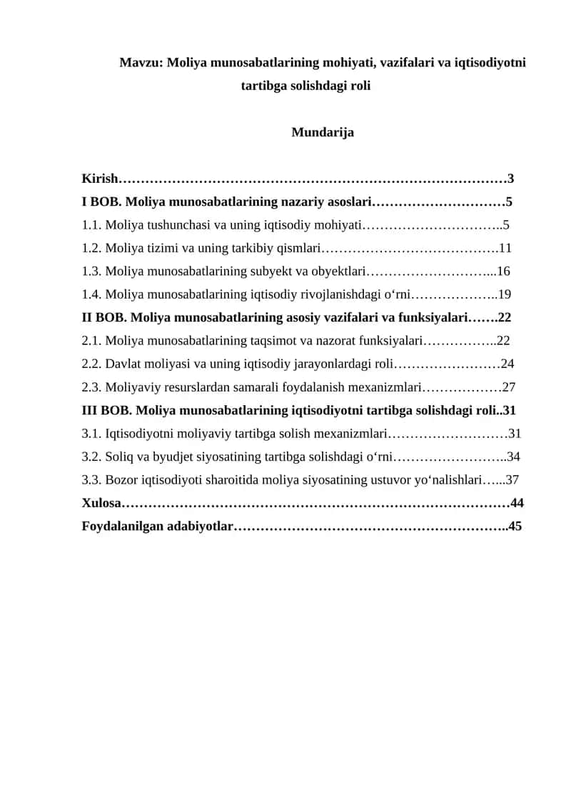 Moliya munosabatlarining mohiyati, vazifalari va iqtisodiyotni tartibga solishdagi rol 1