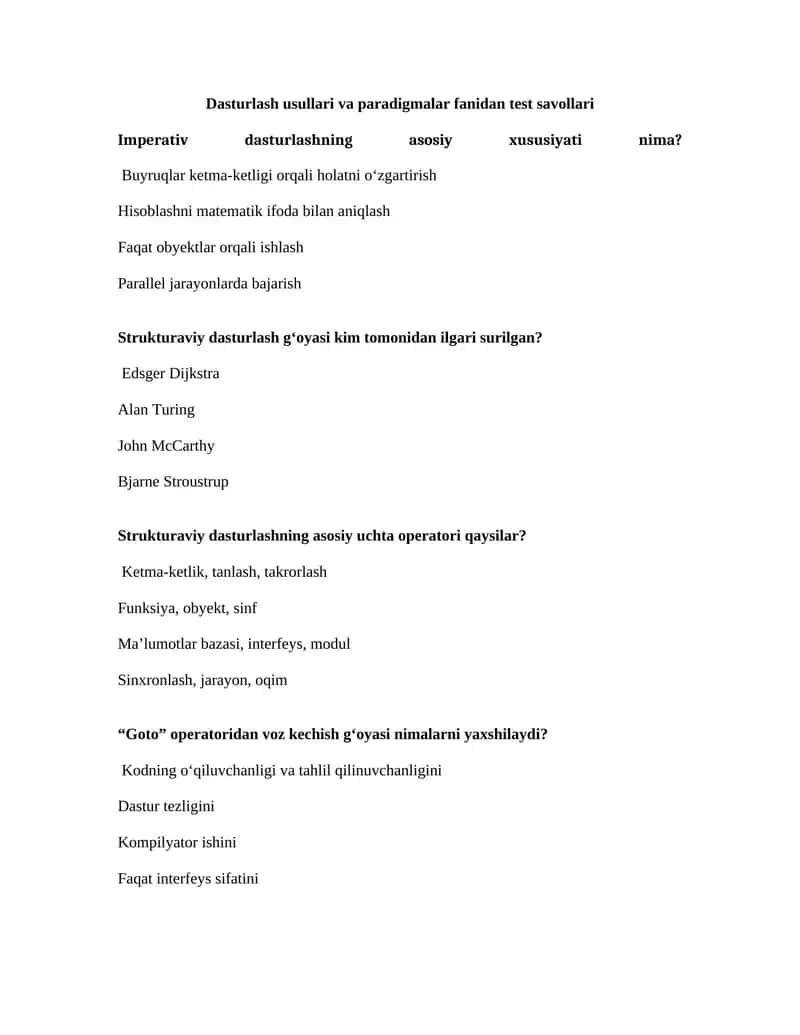 Dasturlash usullari va paradigmalar fanidan test savollari 1