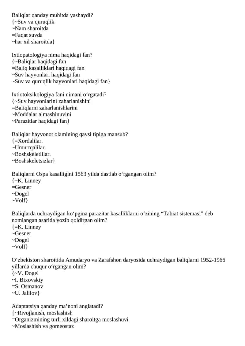 Baliqlar hayvonot olamining qaysi tipiga mansub? 1