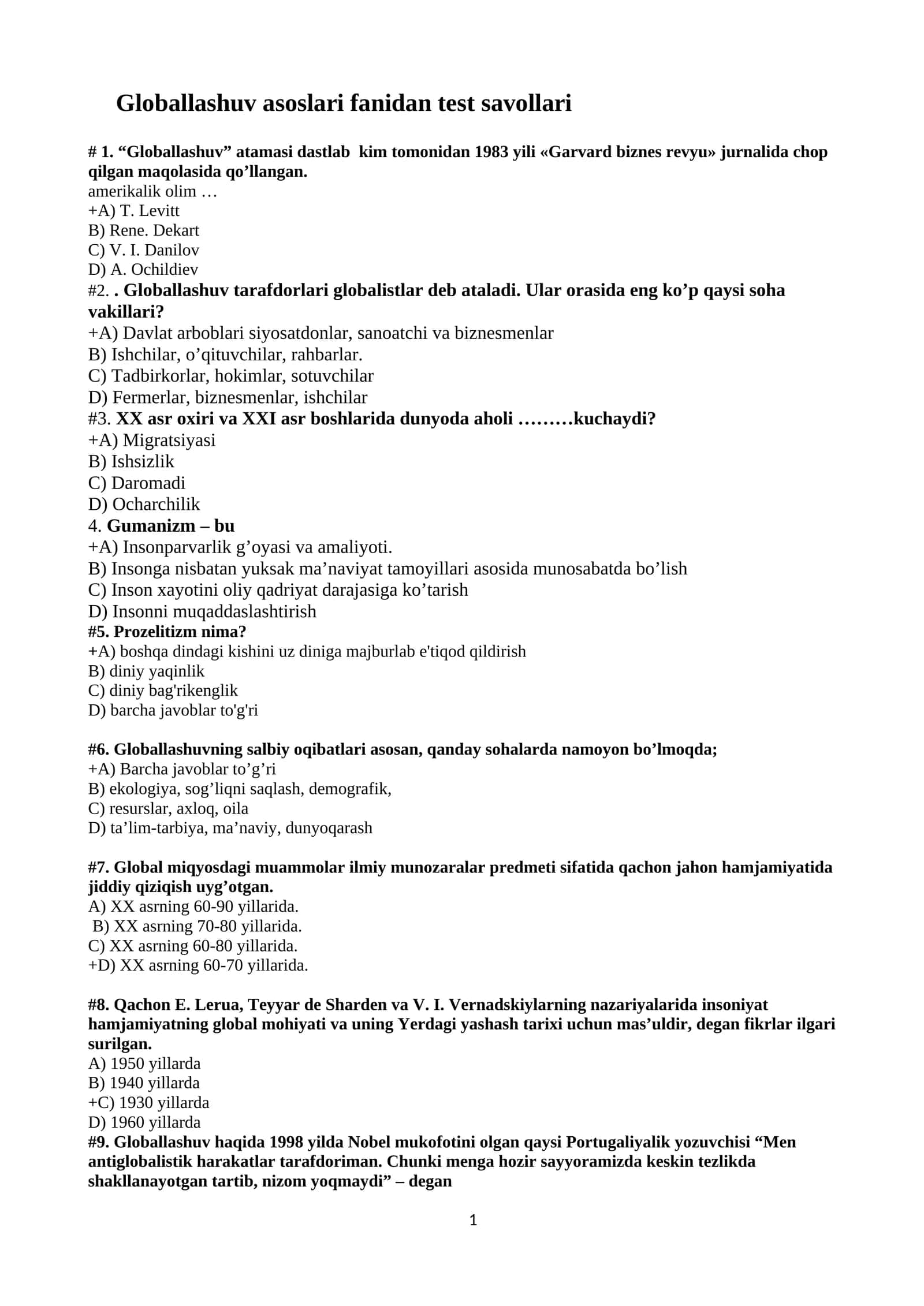 Globallashuv asoslari fanidan test savollari 1