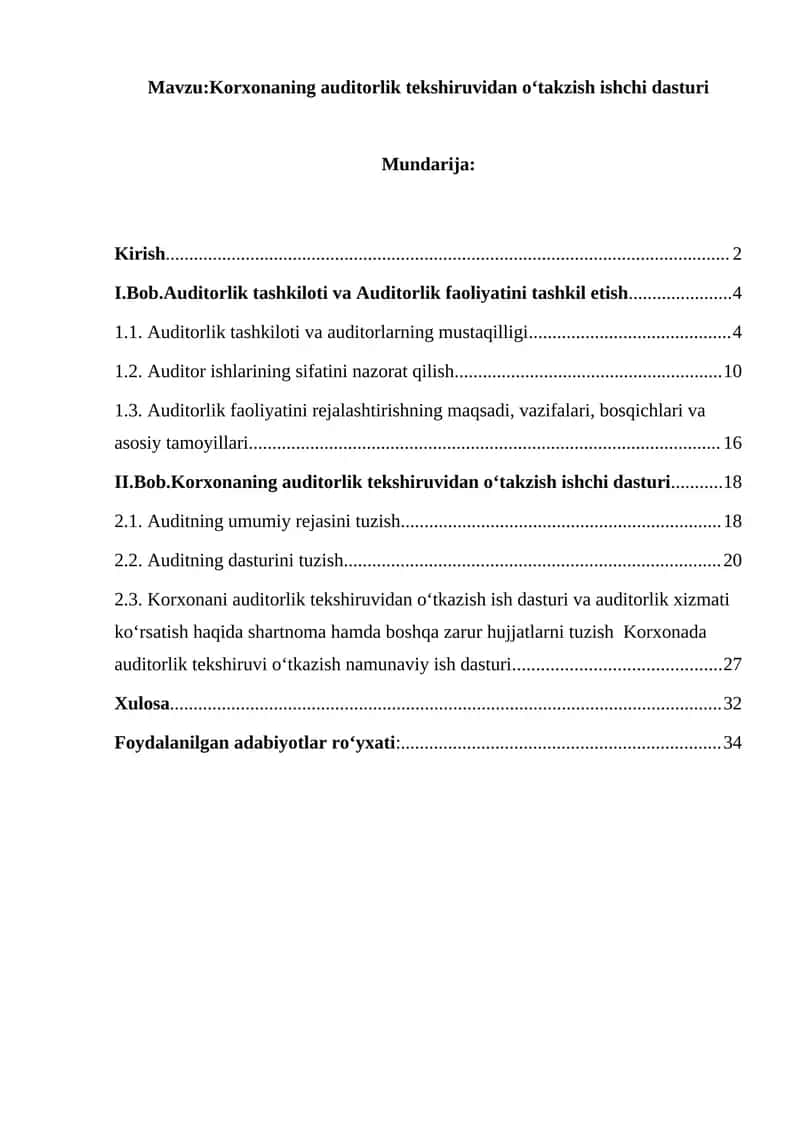 Korxonaning auditorlik tekshiruvidan oʻtakzish ishchi dasturi 1