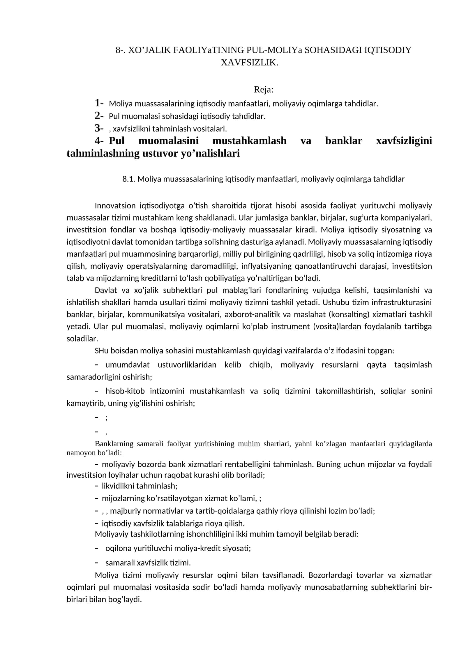 XO’JALIK FAOLIYaTINING PUL-MOLIYa SOHASIDAGI IQTISODIY XAVFSIZLIK 1