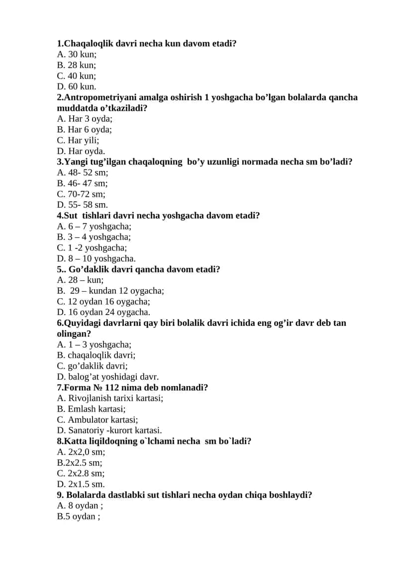 Chaqaloq Davri Testlar 1
