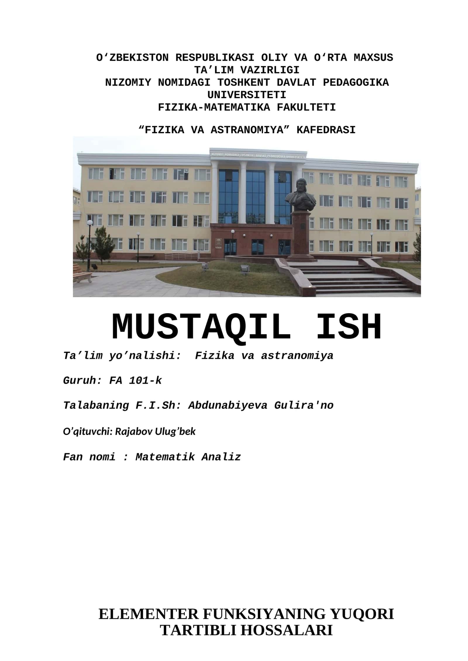 ELEMENTER FUNKSIYANING YUQORI TARTIBLI HOSSALARI 1