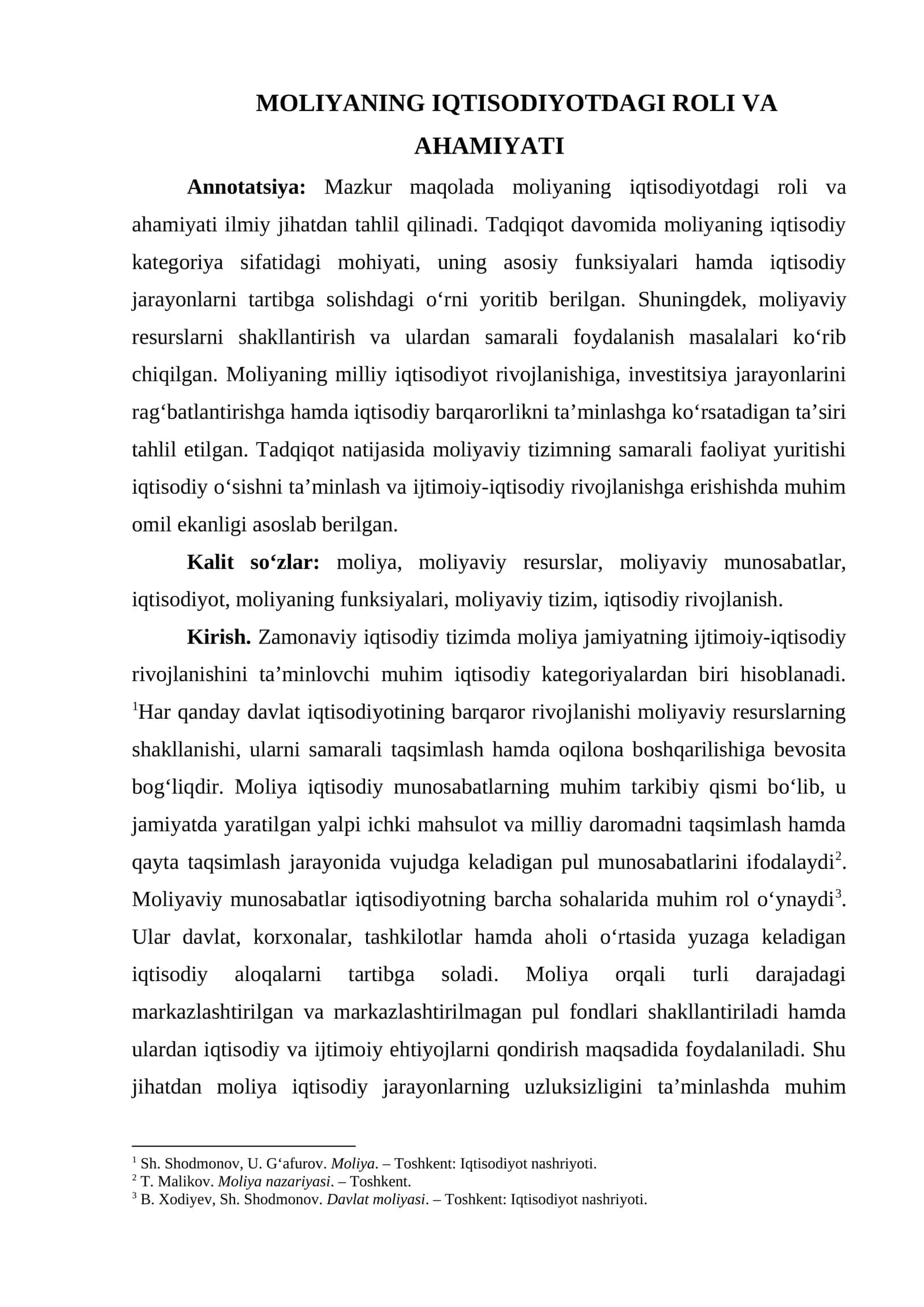 MOLIYANING IQTISODIYOTDAGI ROLI VA AHAMIYATI 1