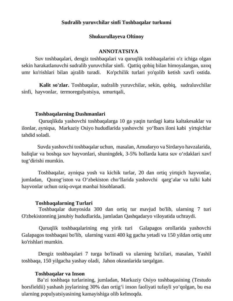 Sudralib yuruvchilar sinfi Toshbaqalar turkumi 1