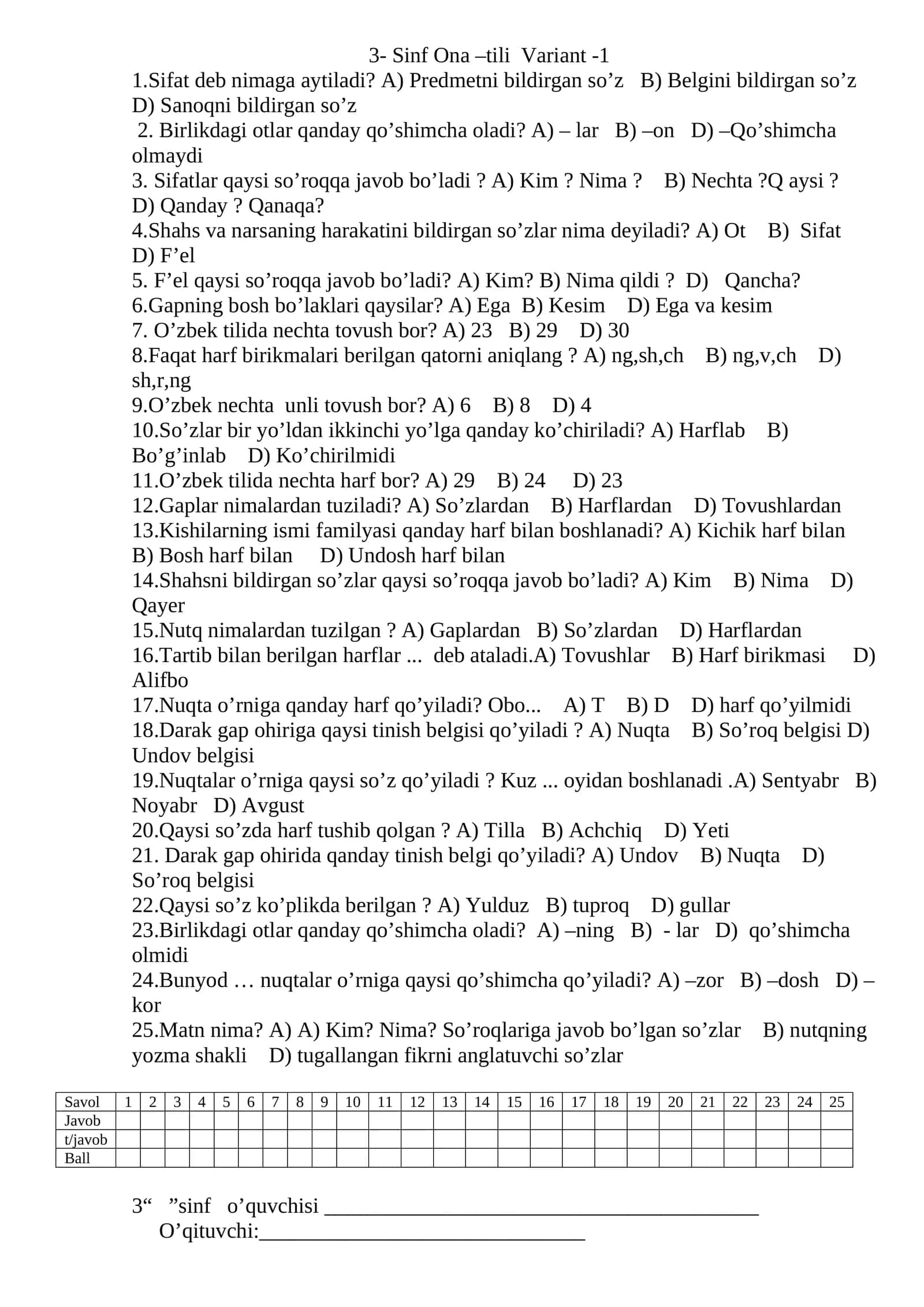 3- Sinf Ona –tili Variant -1 1