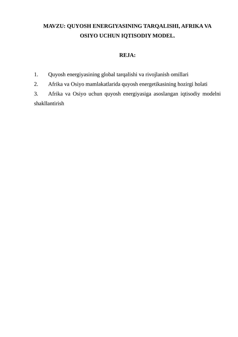 Quyosh energiyasining tarqalishi, Afrika va Osiyo uchun iqtisodiy model 1