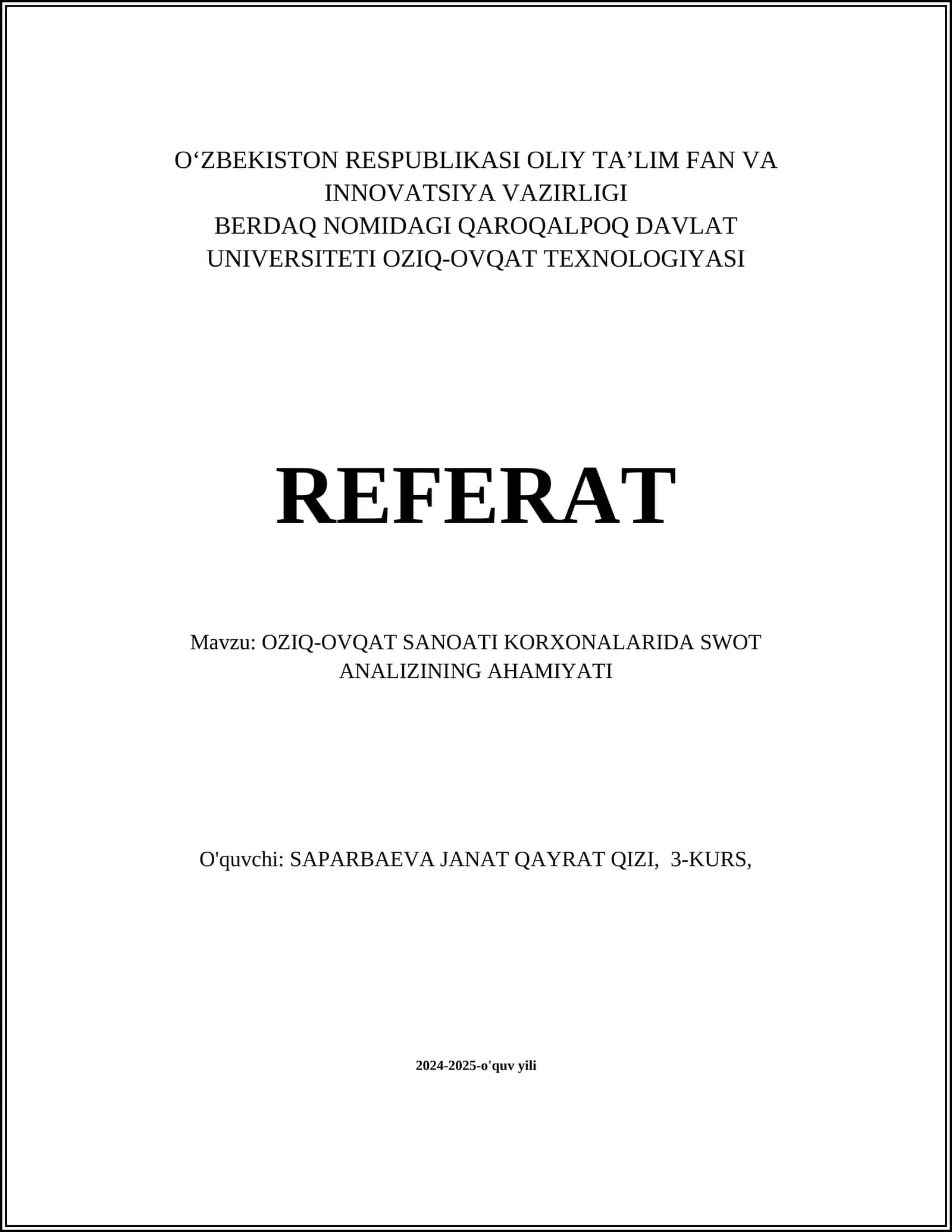 OZIQ-OVQAT SANOATI KORXONALARIDA SWOT ANALIZINING AHAMIYATI 1