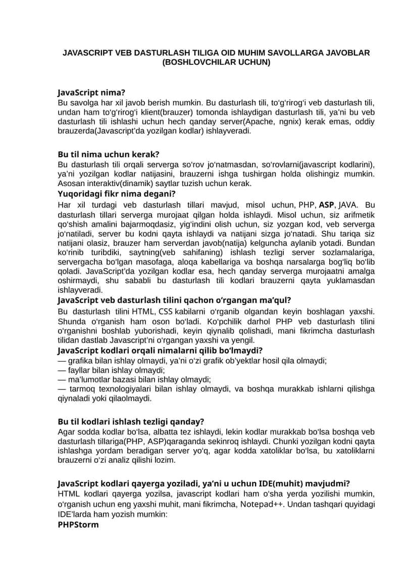 JAVASCRIPT VEB DASTURLASH TILIGA OID MUHIM SAVOLLARGA JAVOBLAR (BOSHLOVCHILAR UCHUN) 1